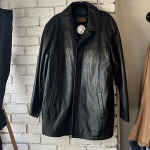 Men's black leather Coat with inner lining shirt jacket button down soft leather